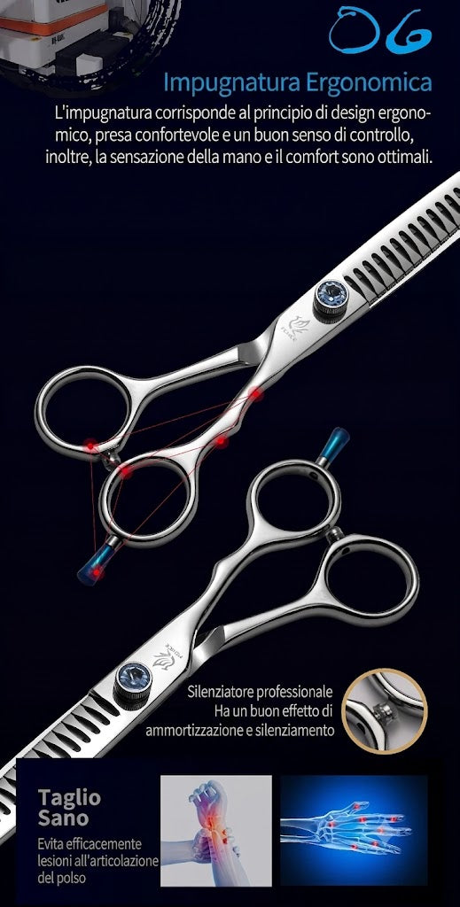Forbici professionali da toelettatura per cani e gatti (18 cm / 19 cm / 20 cm) – Modello "Chunker" (dentatura larga) – Percentuale di sfoltimento 80%