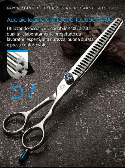 Forbici professionali da toelettatura per cani e gatti (18 cm / 19 cm / 20 cm) – Modello "Chunker" (dentatura larga) – Percentuale di sfoltimento 80%