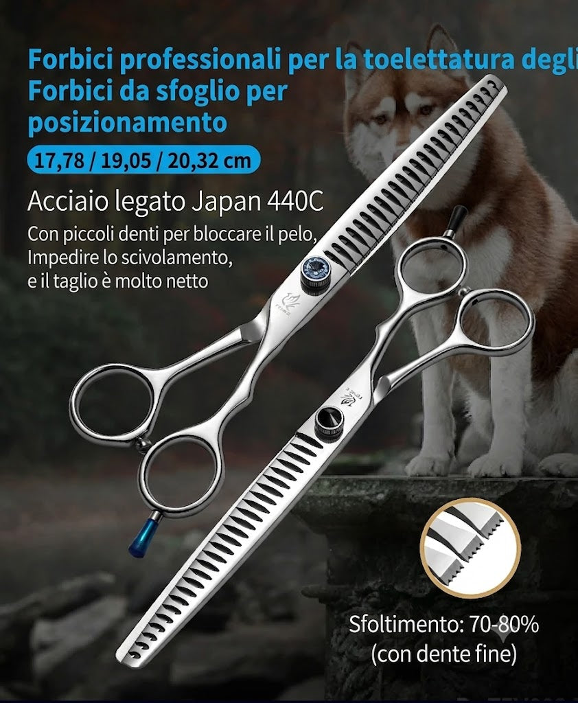 Forbici professionali da toelettatura per cani e gatti (18 cm / 19 cm / 20 cm) – Modello "Chunker" (dentatura larga) – Percentuale di sfoltimento 80%