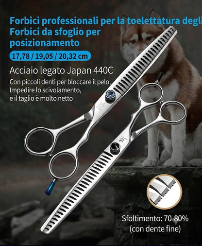 Forbici professionali da toelettatura per cani e gatti (18 cm / 19 cm / 20 cm) – Modello "Chunker" (dentatura larga) – Percentuale di sfoltimento 80%