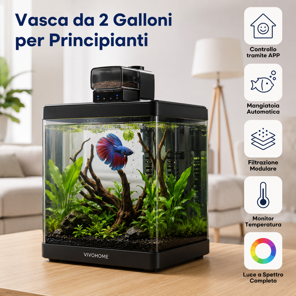 Acquario Intelligente  da 19/7.6 Litri con Controllo tramite APP, Kit di Avviamento per Acquario con Mangiatoia Automatica, Display della Temperatura, Luce LED RGB, Vasca Autopulente