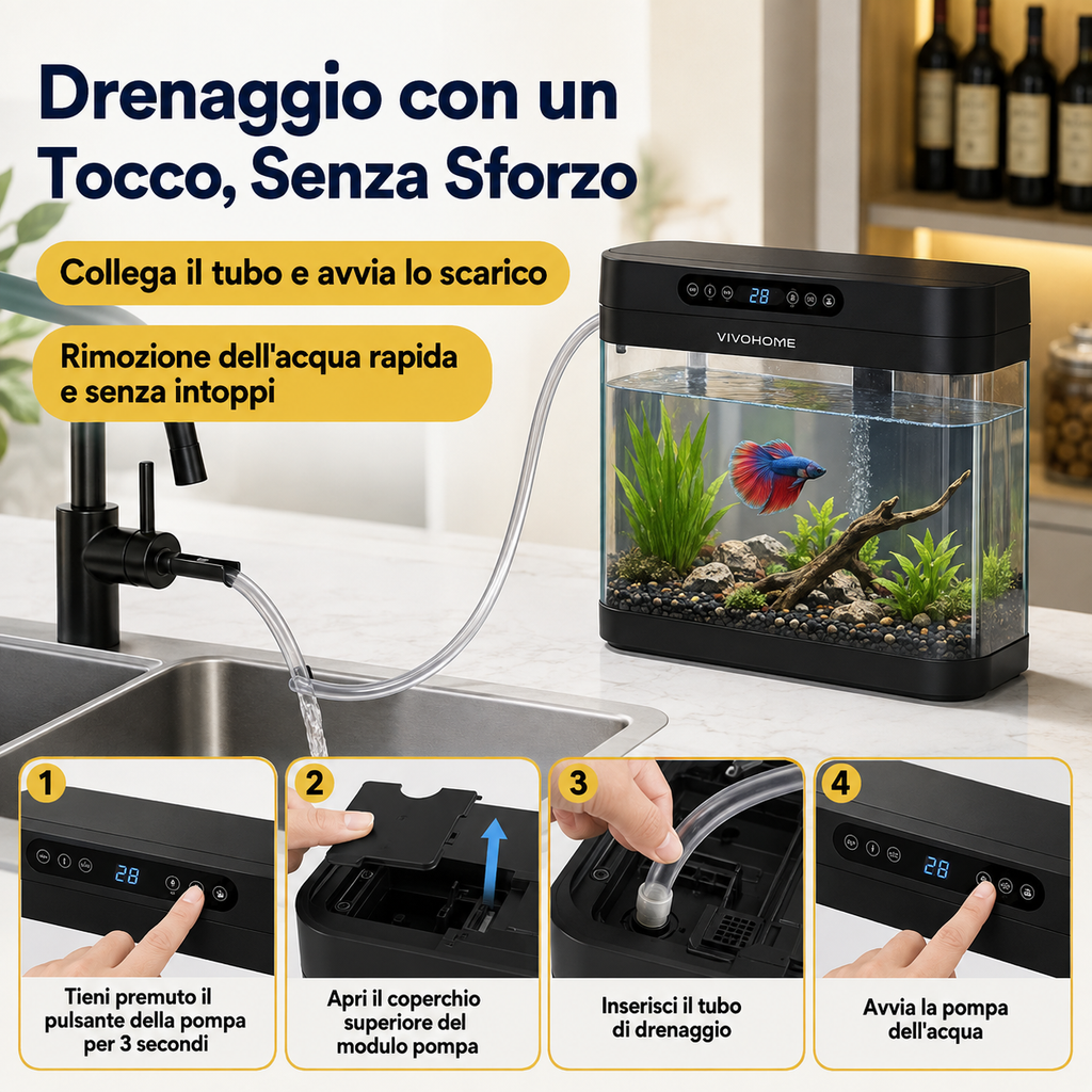 Acquario Intelligente  da 19/7.6 Litri con Controllo tramite APP, Kit di Avviamento per Acquario con Mangiatoia Automatica, Display della Temperatura, Luce LED RGB, Vasca Autopulente