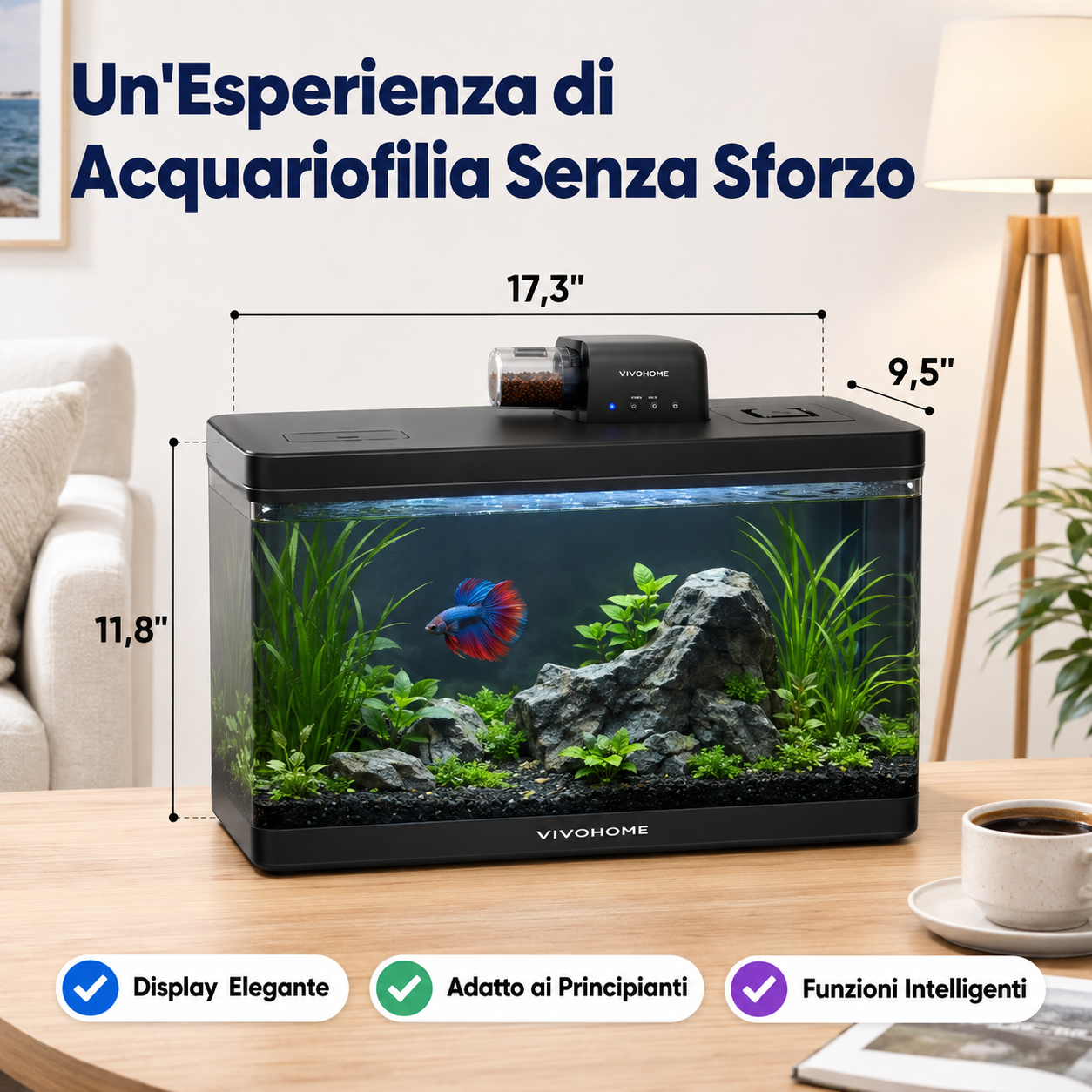 Acquario Intelligente  da 19/7.6 Litri con Controllo tramite APP, Kit di Avviamento per Acquario con Mangiatoia Automatica, Display della Temperatura, Luce LED RGB, Vasca Autopulente