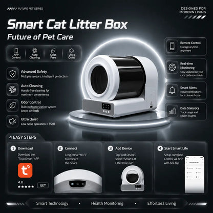 【 Self Cleaning Litter Box】Pawtech Stainless Steel Smart Low-Noise Auto-Cleaning Cat Litter Box (60L) - 2.4G Wifi App-Controlled, Equipped with Smart Sensors, Safety Protection, Easy Maintenance #Catlitterbox#Smartlitterbox#Petessentials#Catlovers Campin
