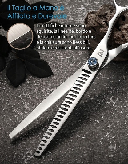 Forbici professionali da toelettatura per cani e gatti (18 cm / 19 cm / 20 cm) – Modello "Chunker" (dentatura larga) – Percentuale di sfoltimento 80%