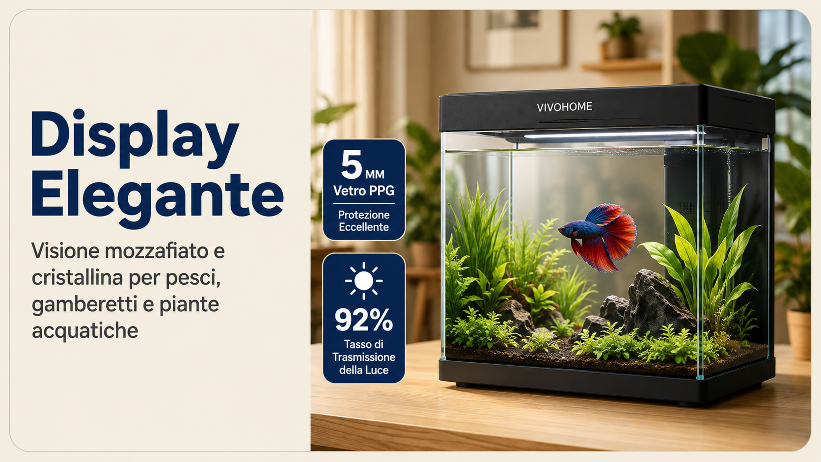 Acquario Intelligente  da 19/7.6 Litri con Controllo tramite APP, Kit di Avviamento per Acquario con Mangiatoia Automatica, Display della Temperatura, Luce LED RGB, Vasca Autopulente