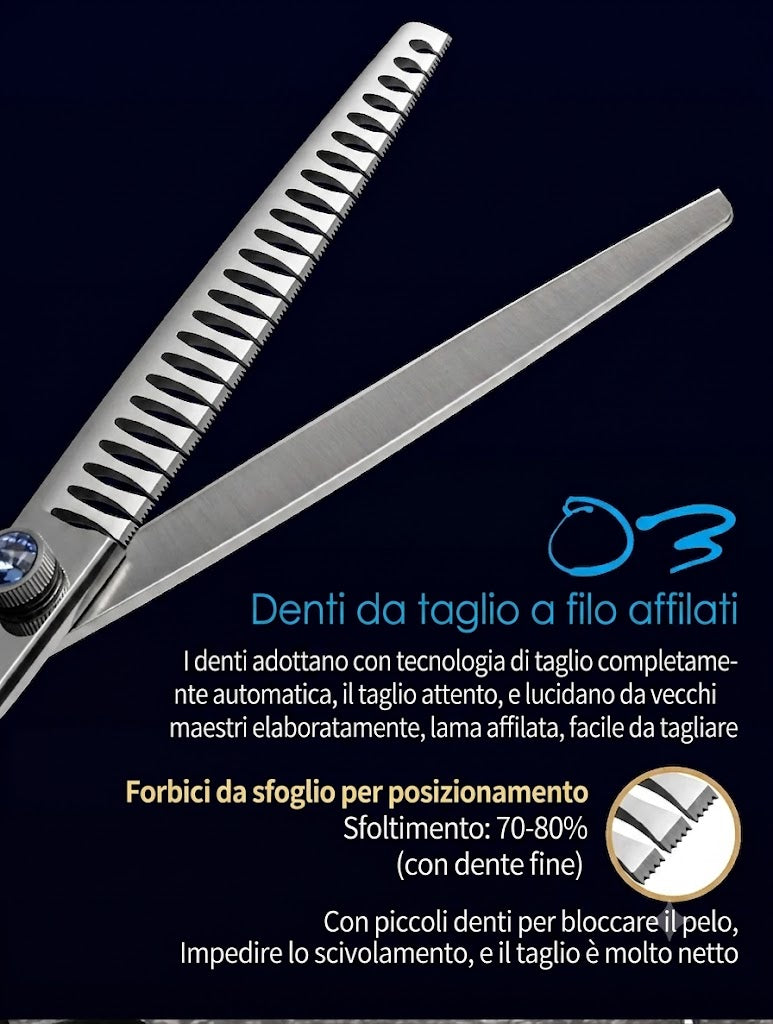Forbici professionali da toelettatura per cani e gatti (18 cm / 19 cm / 20 cm) – Modello "Chunker" (dentatura larga) – Percentuale di sfoltimento 80%