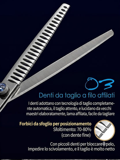 Forbici professionali da toelettatura per cani e gatti (18 cm / 19 cm / 20 cm) – Modello "Chunker" (dentatura larga) – Percentuale di sfoltimento 80%