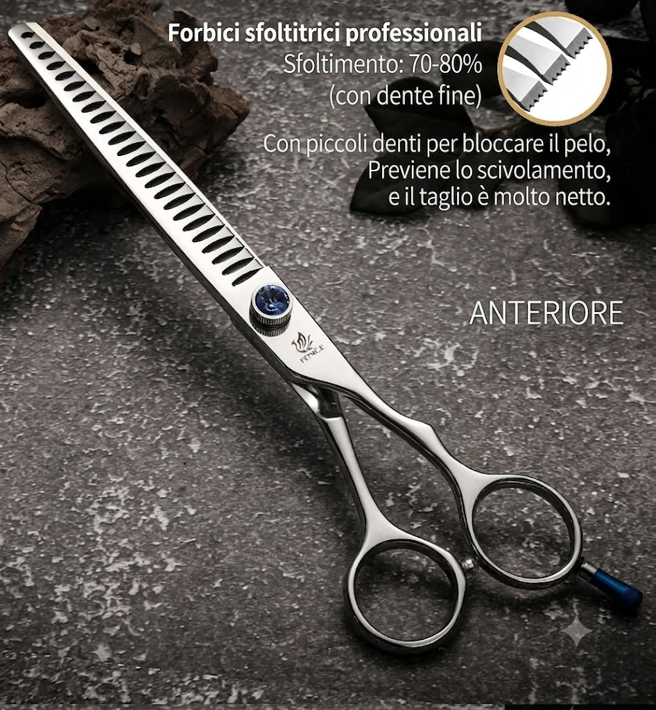 Forbici professionali da toelettatura per cani e gatti (18 cm / 19 cm / 20 cm) – Modello "Chunker" (dentatura larga) – Percentuale di sfoltimento 80%