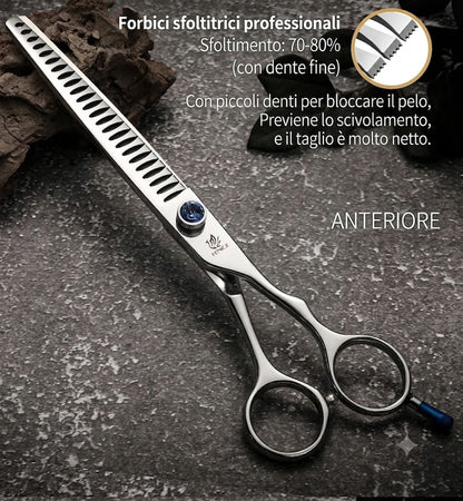 Forbici professionali da toelettatura per cani e gatti (18 cm / 19 cm / 20 cm) – Modello "Chunker" (dentatura larga) – Percentuale di sfoltimento 80%