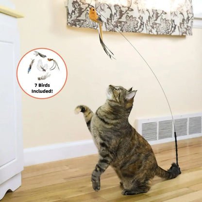 Interactive Bird Cat Toy with Suction Cup Base, Self-Play Feather Wand for Indoor Cats, 7 Replacement Birds with Bells