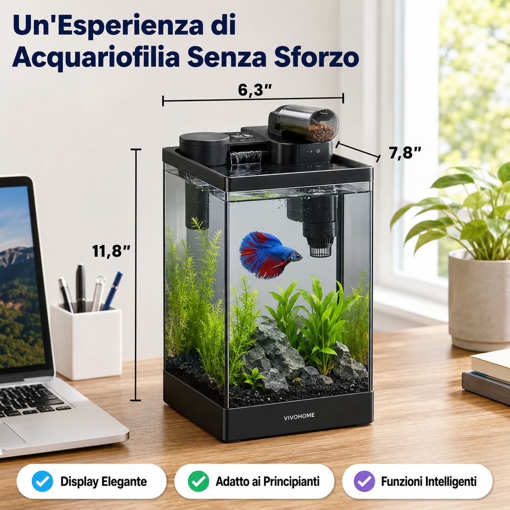 Acquario Intelligente  da 19/7.6 Litri con Controllo tramite APP, Kit di Avviamento per Acquario con Mangiatoia Automatica, Display della Temperatura, Luce LED RGB, Vasca Autopulente