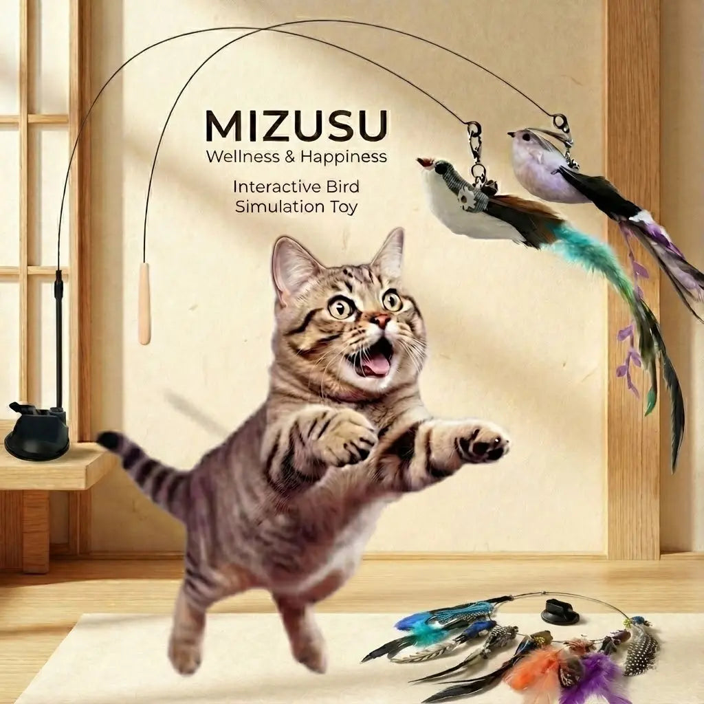 Interactive Bird Cat Toy with Suction Cup Base, Self-Play Feather Wand for Indoor Cats, 7 Replacement Birds with Bells