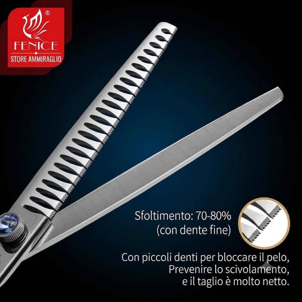 Forbici professionali da toelettatura per cani e gatti (18 cm / 19 cm / 20 cm) – Modello "Chunker" (dentatura larga) – Percentuale di sfoltimento 80%