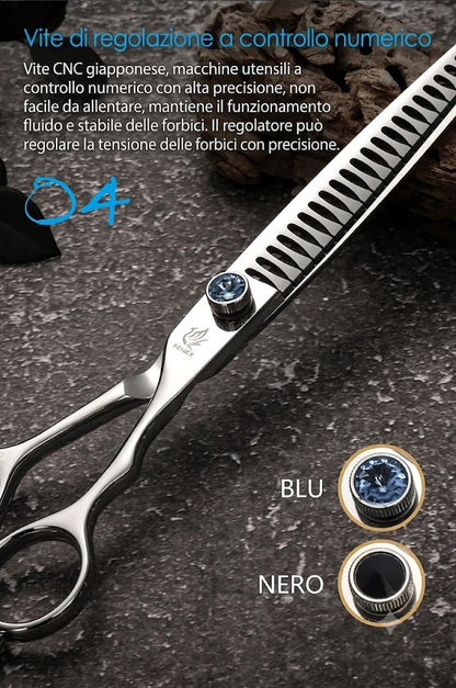 Forbici professionali da toelettatura per cani e gatti (18 cm / 19 cm / 20 cm) – Modello "Chunker" (dentatura larga) – Percentuale di sfoltimento 80%