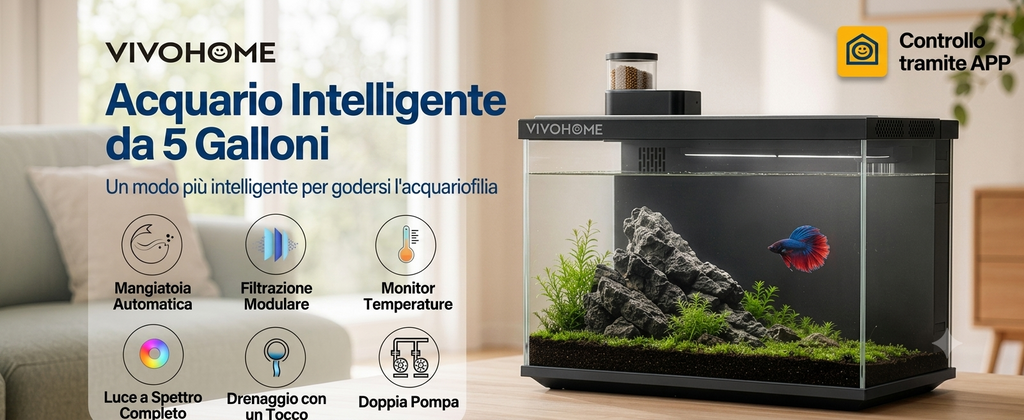 Acquario Intelligente  da 19/7.6 Litri con Controllo tramite APP, Kit di Avviamento per Acquario con Mangiatoia Automatica, Display della Temperatura, Luce LED RGB, Vasca Autopulente