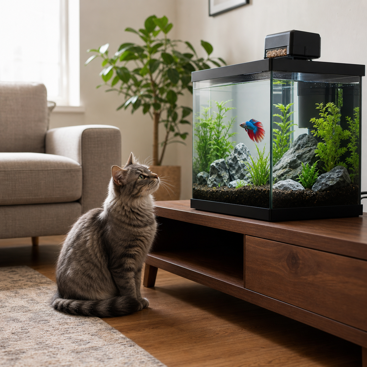 Acquario Intelligente  da 19/7.6 Litri con Controllo tramite APP, Kit di Avviamento per Acquario con Mangiatoia Automatica, Display della Temperatura, Luce LED RGB, Vasca Autopulente
