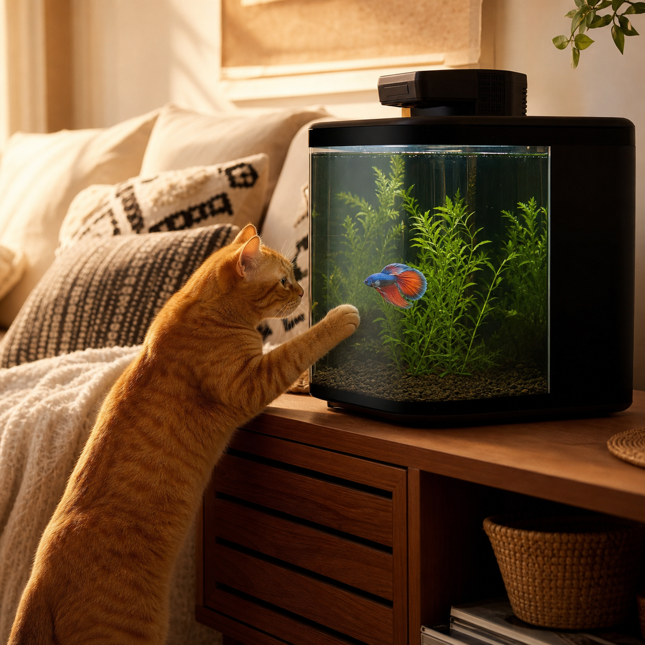 Acquario Intelligente  da 19/7.6 Litri con Controllo tramite APP, Kit di Avviamento per Acquario con Mangiatoia Automatica, Display della Temperatura, Luce LED RGB, Vasca Autopulente