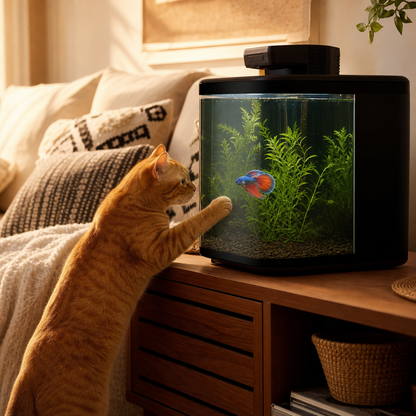 Acquario per gatti Intelligente  da 19/7.6 Litri con Controllo tramite APP, Kit di Avviamento per Acquario con Mangiatoia Automatica, Display della Temperatura, Luce LED RGB, Vasca Autopulente