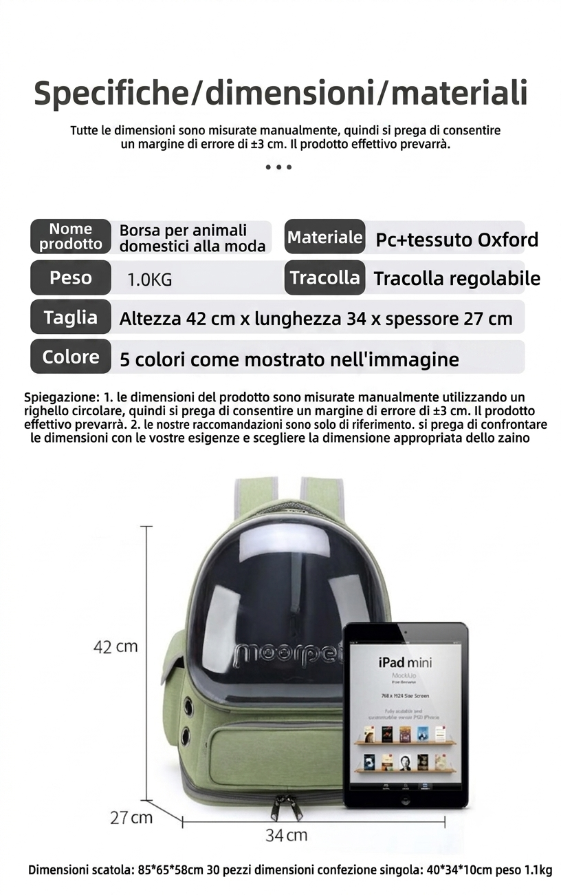 Zaino Trasportino per Animali Domestici a Capsula Spaziale – Traspirante in Rete con Oblò Trasparente, Portatile per Gatti e Cani Piccoli per Viaggi, Trekking e Uso Giornaliero