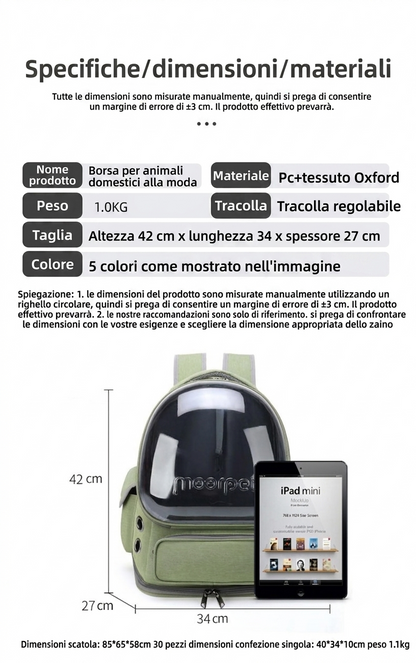 Zaino Trasportino per Animali Domestici a Capsula Spaziale – Traspirante in Rete con Oblò Trasparente, Portatile per Gatti e Cani Piccoli per Viaggi, Trekking e Uso Giornaliero