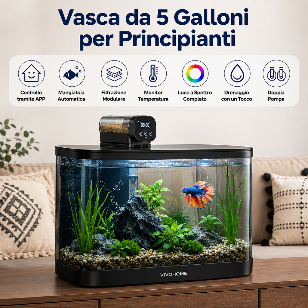 Acquario Intelligente  da 19/7.6 Litri con Controllo tramite APP, Kit di Avviamento per Acquario con Mangiatoia Automatica, Display della Temperatura, Luce LED RGB, Vasca Autopulente