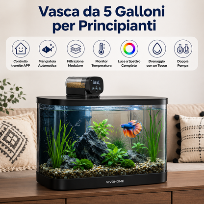 Acquario per gatti Intelligente  da 19/7.6 Litri con Controllo tramite APP, Kit di Avviamento per Acquario con Mangiatoia Automatica, Display della Temperatura, Luce LED RGB, Vasca Autopulente