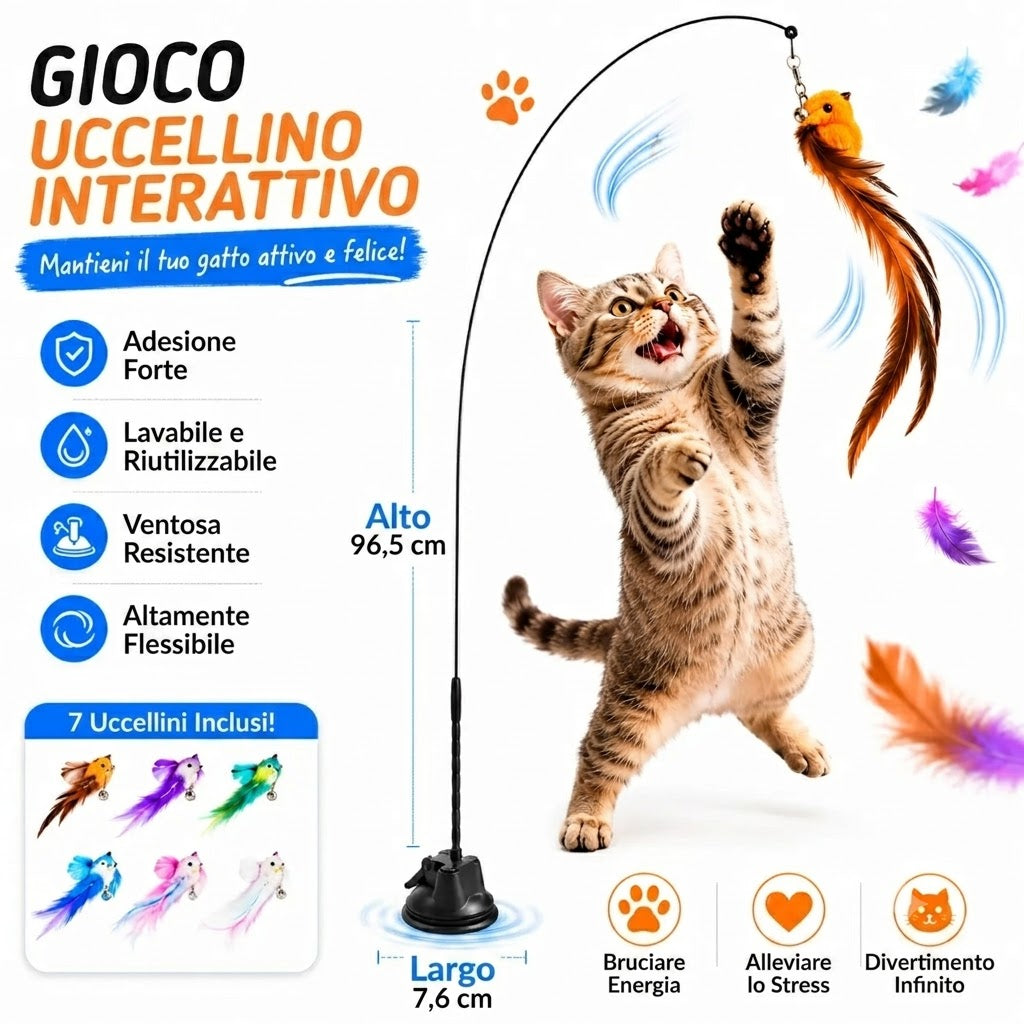 Gioco Interattivo per Gatti da Interno con Uccellino e Base a Ventosa – Bacchetta con Piume per Gioco Solitario, 7 Ricambi di Uccellini con Campanellini Integrati