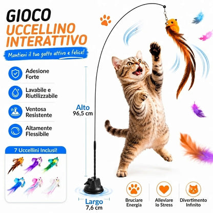 Gioco Interattivo per Gatti da Interno con Uccellino e Base a Ventosa – Bacchetta con Piume per Gioco Solitario, 7 Ricambi di Uccellini con Campanellini Integrati