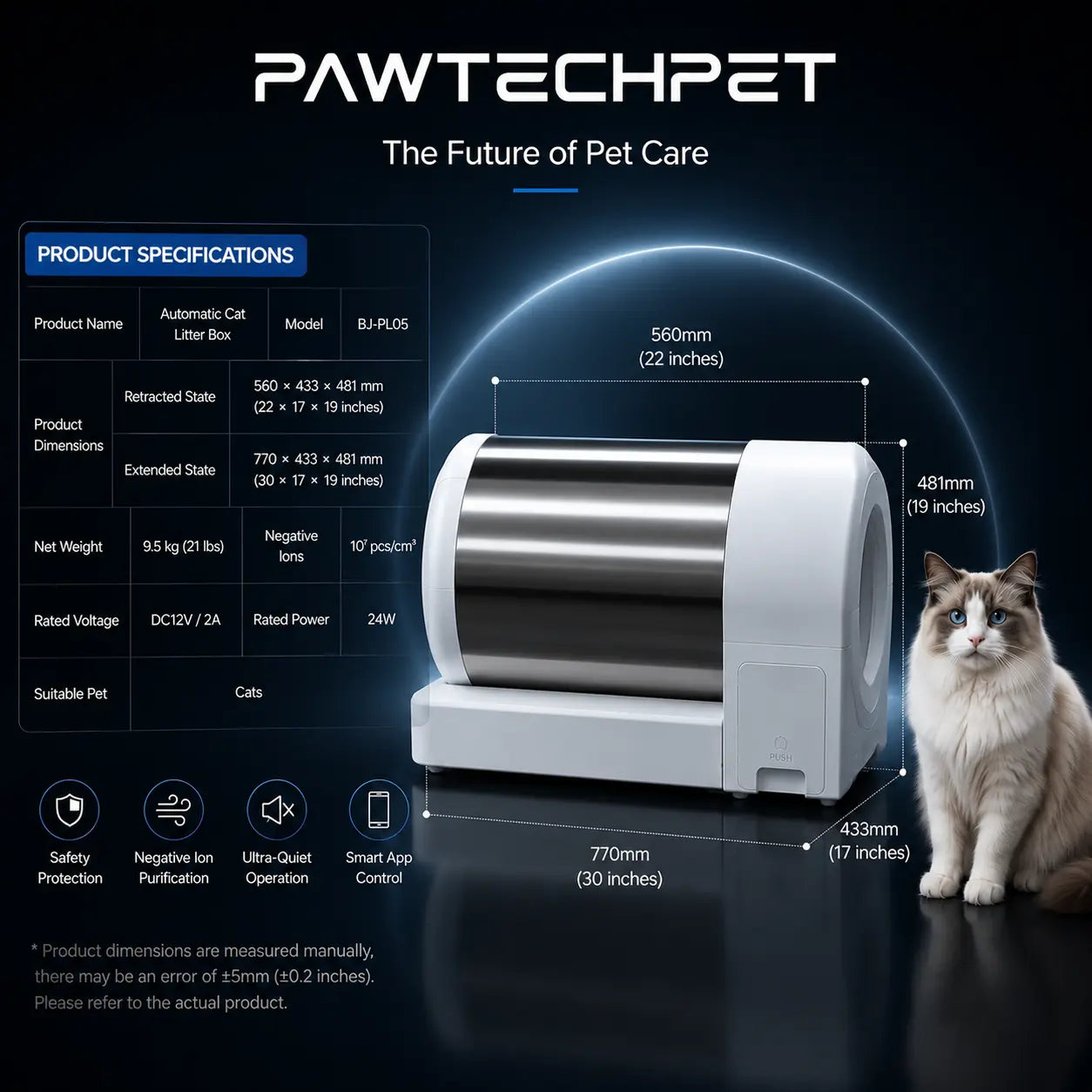 【 Self Cleaning Litter Box】Pawtech Stainless Steel Smart Low-Noise Auto-Cleaning Cat Litter Box (60L) - 2.4G Wifi App-Controlled, Equipped with Smart Sensors, Safety Protection, Easy Maintenance #Catlitterbox#Smartlitterbox#Petessentials#Catlovers Campin