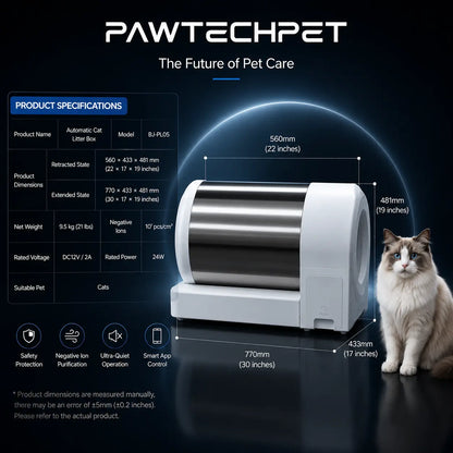 【 Self Cleaning Litter Box】Pawtech Stainless Steel Smart Low-Noise Auto-Cleaning Cat Litter Box (60L) - 2.4G Wifi App-Controlled, Equipped with Smart Sensors, Safety Protection, Easy Maintenance #Catlitterbox#Smartlitterbox#Petessentials#Catlovers Campin