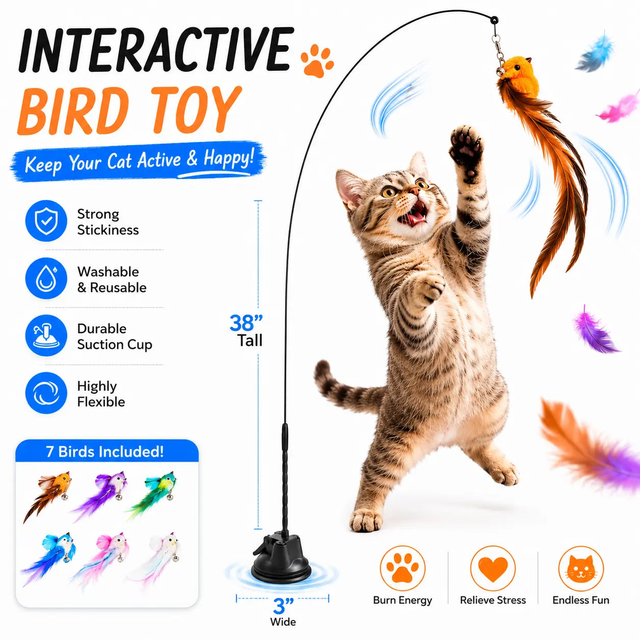 Interactive Bird Cat Toy with Suction Cup Base, Self-Play Feather Wand for Indoor Cats, 7 Replacement Birds with Bells