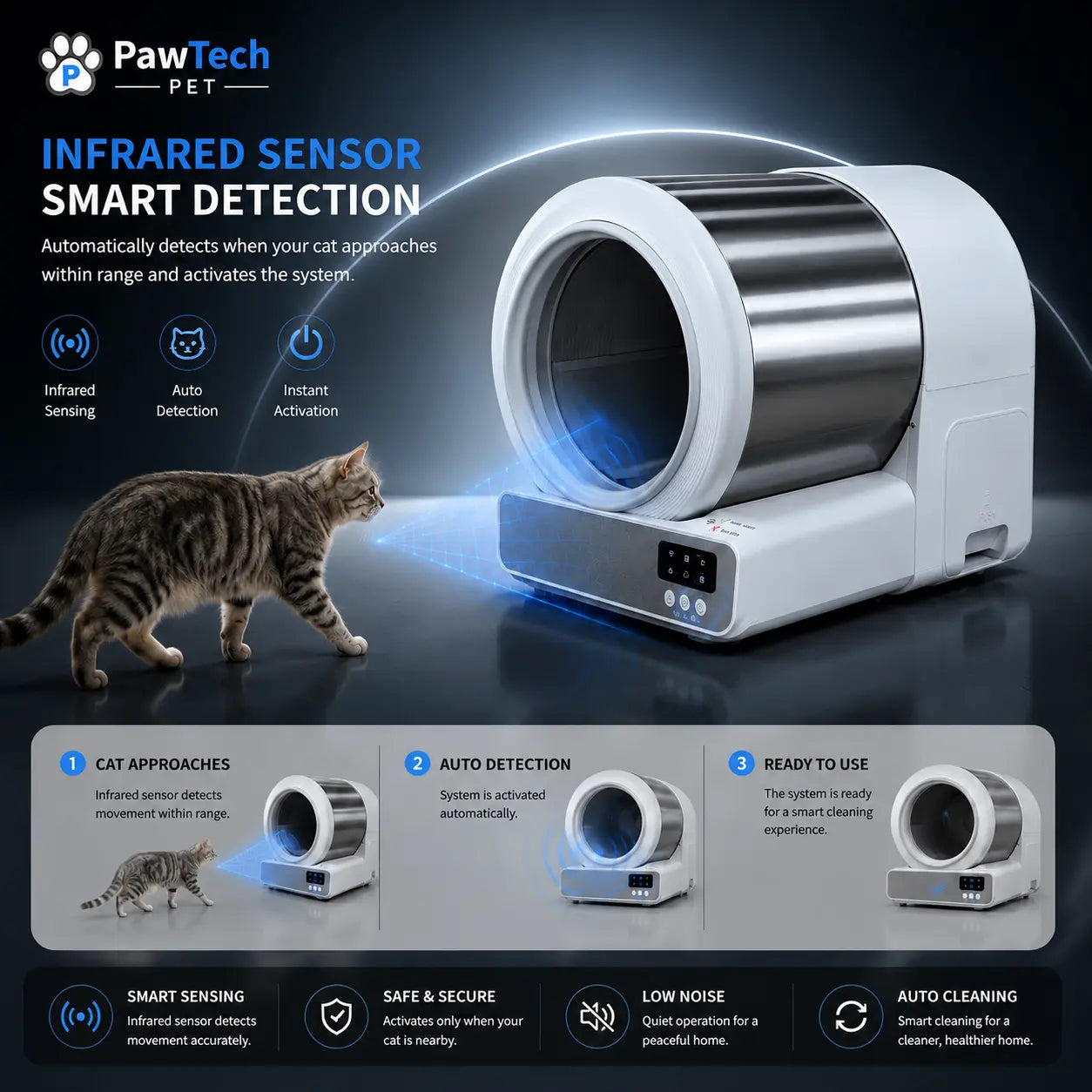 【 Self Cleaning Litter Box】Pawtech Stainless Steel Smart Low-Noise Auto-Cleaning Cat Litter Box (60L) - 2.4G Wifi App-Controlled, Equipped with Smart Sensors, Safety Protection, Easy Maintenance #Catlitterbox#Smartlitterbox#Petessentials#Catlovers Campin